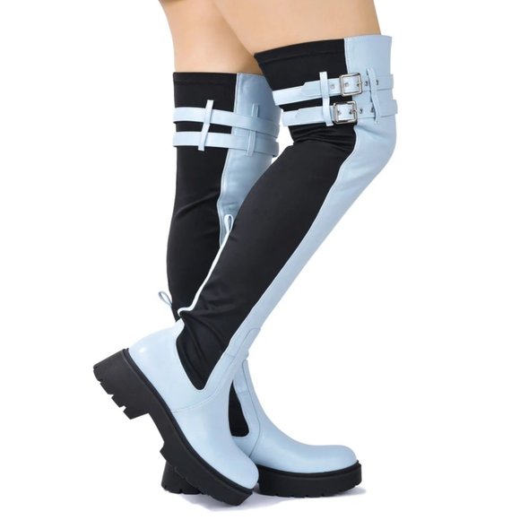 Techno Baby Blue Lycra Stretch Lug Sole Thigh High Combat Rider Brand New - Picture 14 of 16